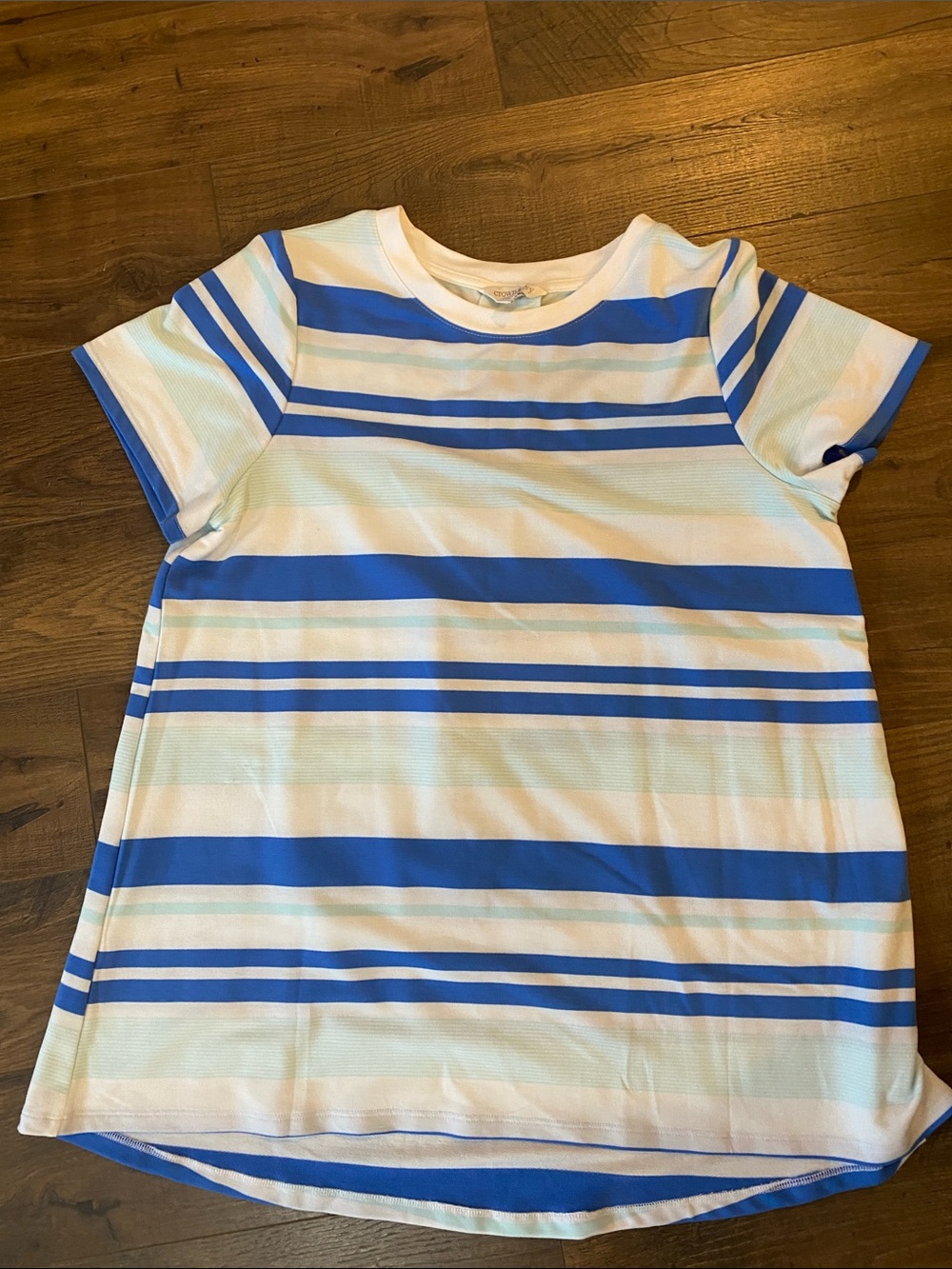 crown & ivy Blue, White and Light Green Striped Short Sleeve Top